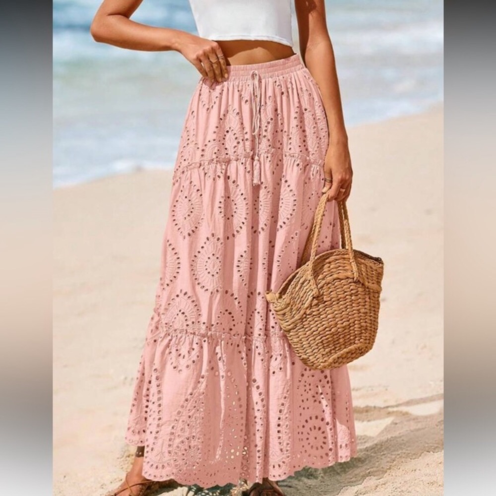 Boho Eyelet Lace stretchy waist Flowy Maxi Skirt